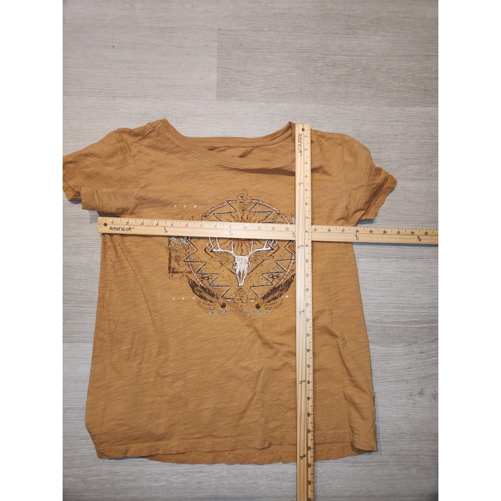 Shyanne Womens Mustard Slub Cotton Graphic Tee Deer Skull Western Boho M western - Picture 5 of 8